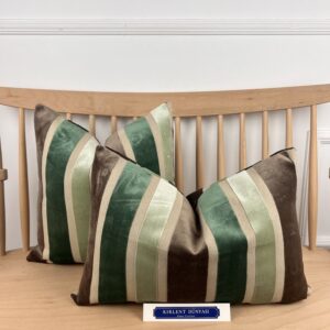 Yeşil Vizon Çizgi Desenli Lüks Döşemelik Kadife Kırlent Kılıfı